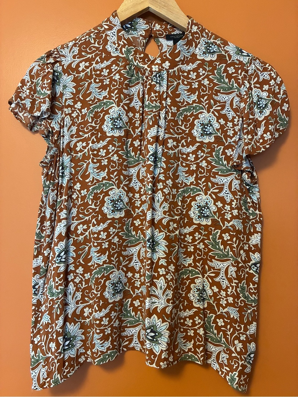 Ann Taylor Burnt Orange Floral Print Keyhole Blouse